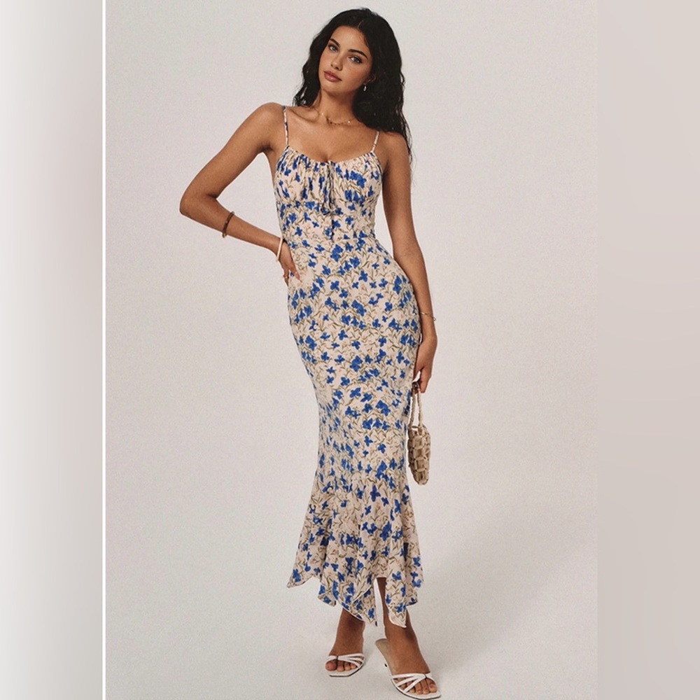 Commense Blue and Cream Floral Maxi Dress